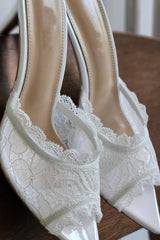 Lace Open Pointed Toe Heeled Mule Sandals