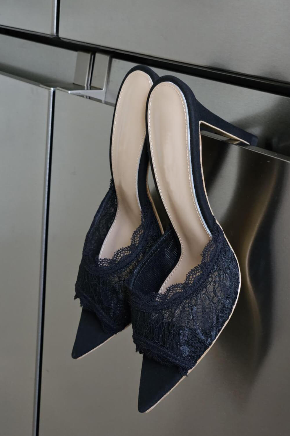 Lace Open Pointed Toe Heeled Mule Sandals