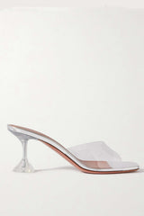 Metallic Faux Leather Open Square Toe Clear Perspex Sculptured Heel Mule