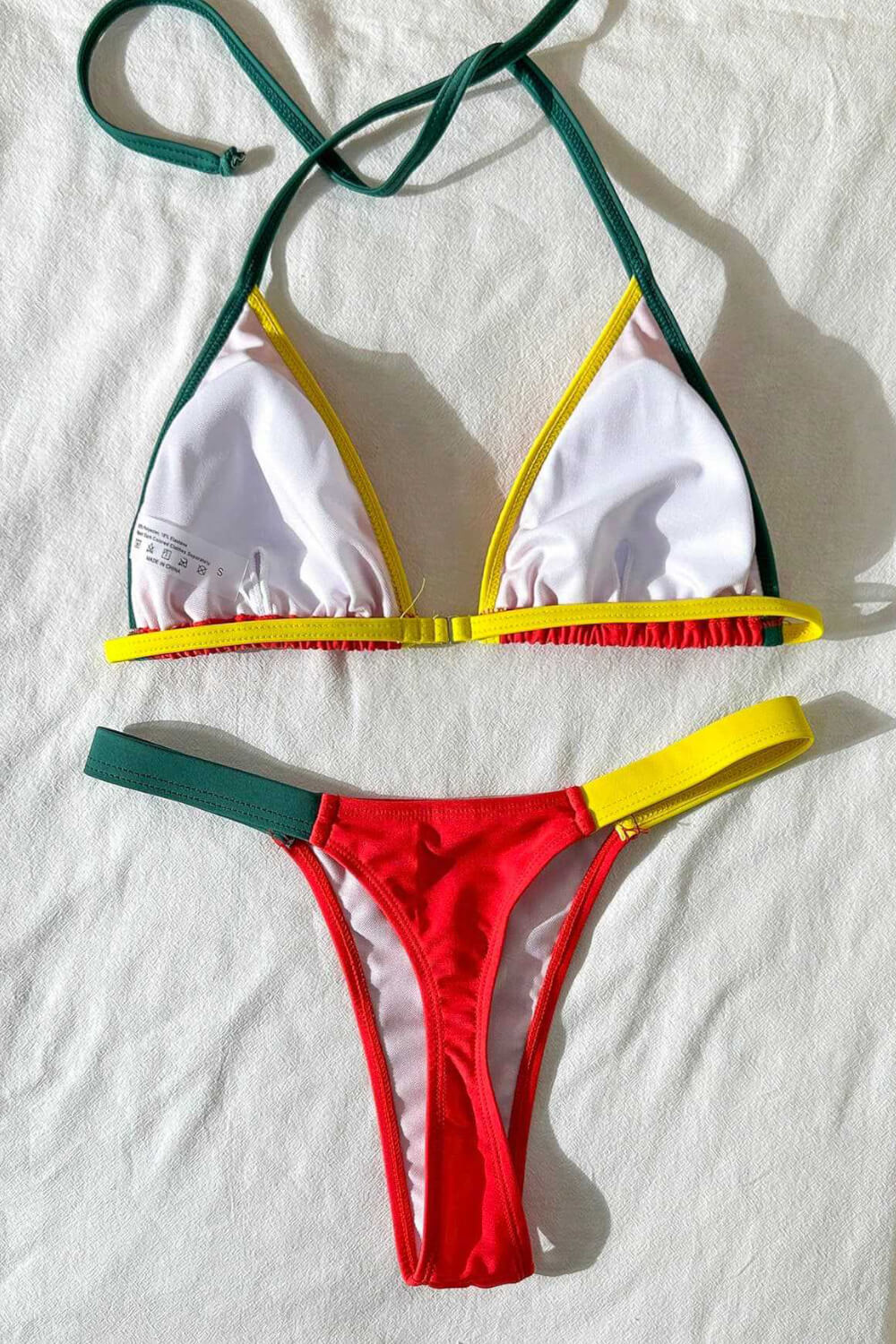 Contrast Trim Color Blocking Halter Triangle Bikini Set