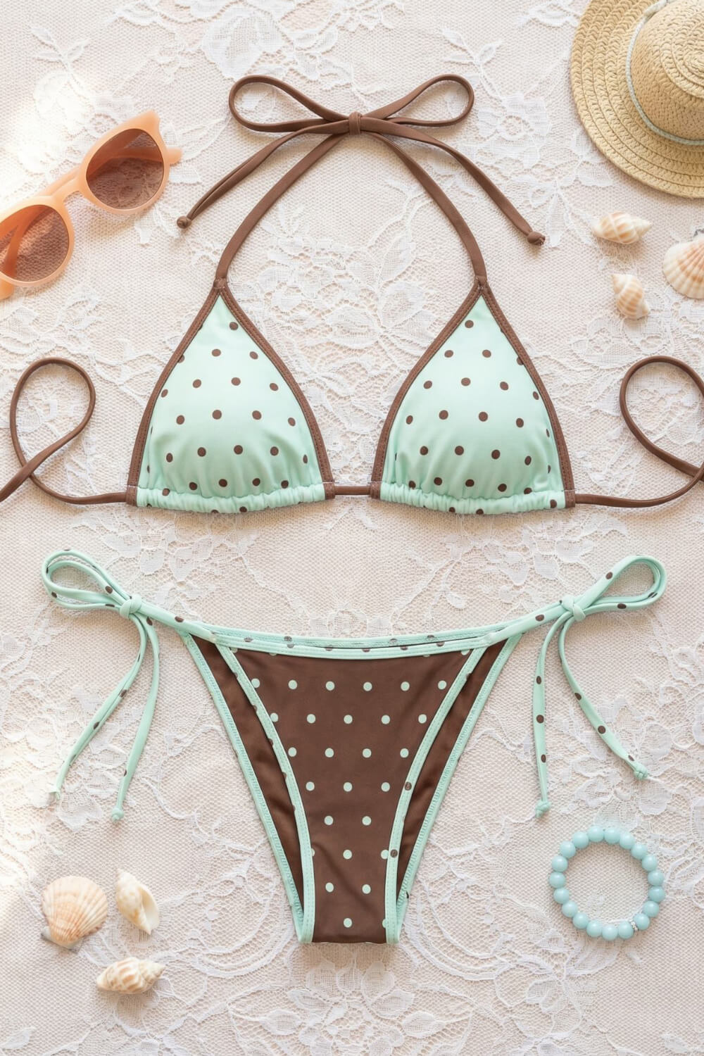 Contrast Trim Polka Dot Print Triangle Side-Tie Bikini Set