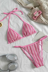 Textured Triangle Halter Brazilian Bikini Set With Stripes