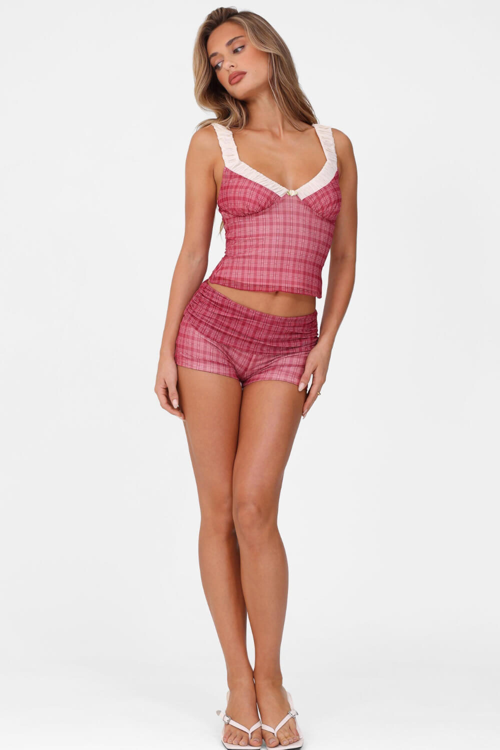 Red Check Mesh Contrast V-Neck Bustier Top And And Mini Fold-Over Boyshorts