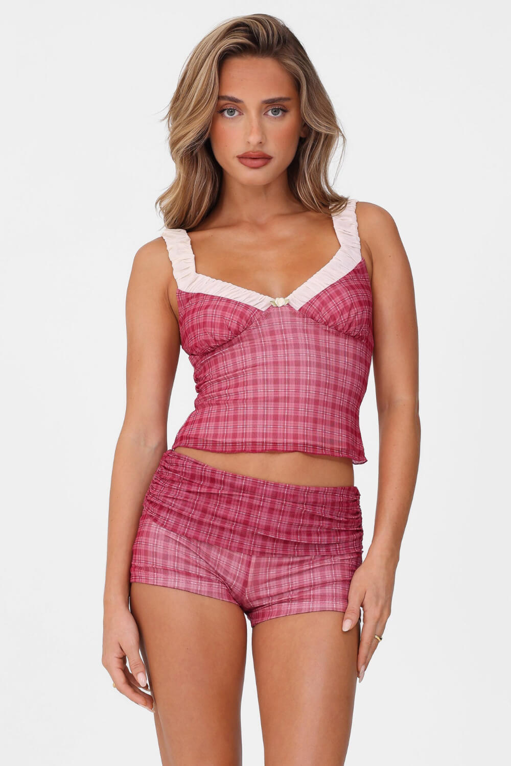 Red Check Mesh Contrast V-Neck Bustier Top And And Mini Fold-Over Boyshorts
