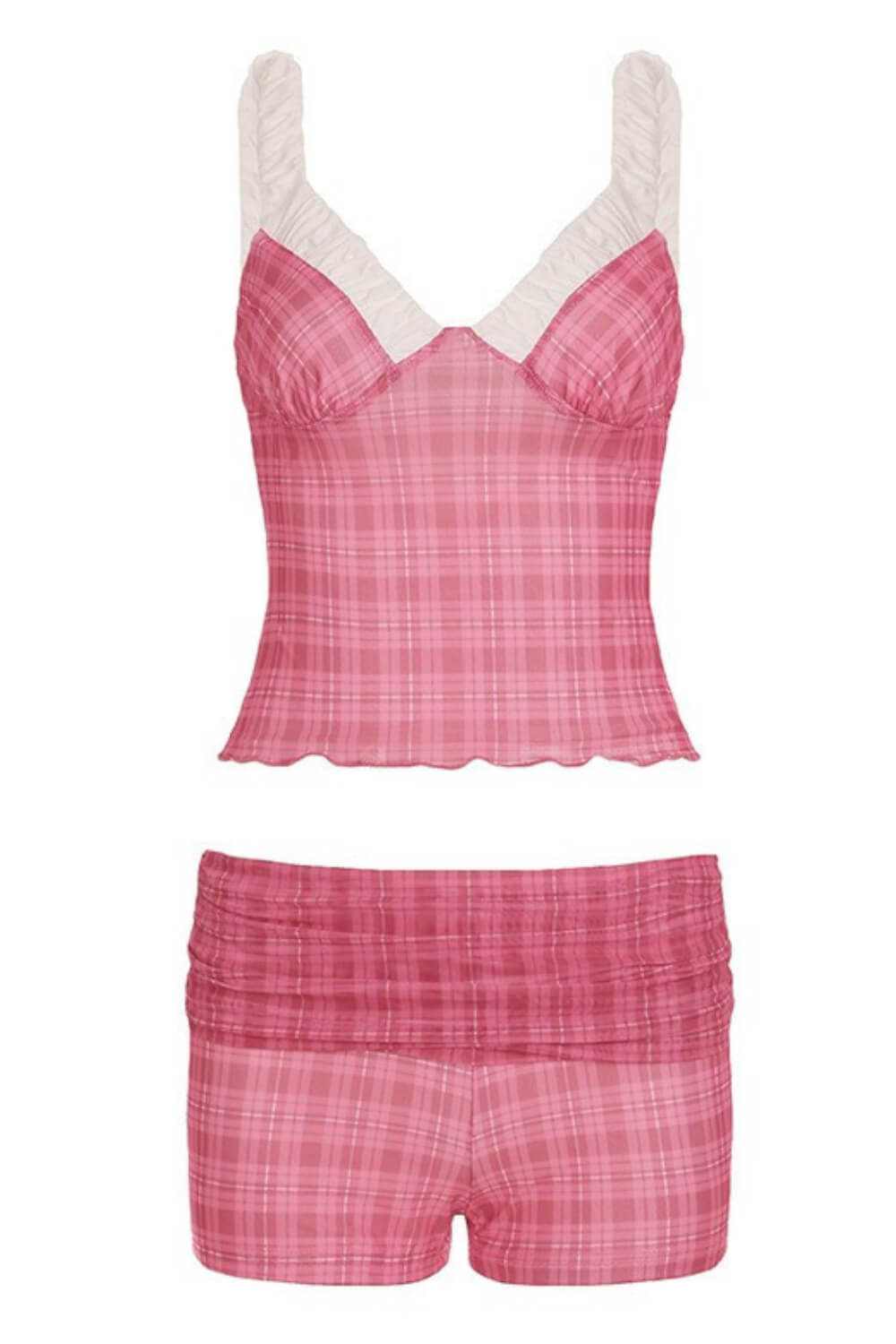 Red Check Mesh Contrast V-Neck Bustier Top And And Mini Fold-Over Boyshorts