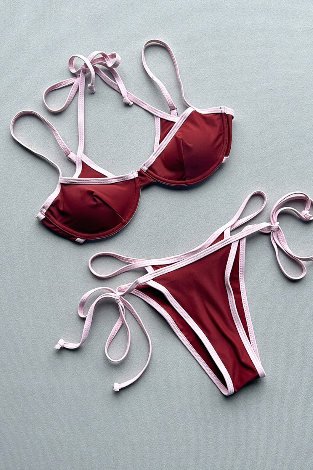 Contrast Double Layered Underwire Triangle Tie Side Bikini Set