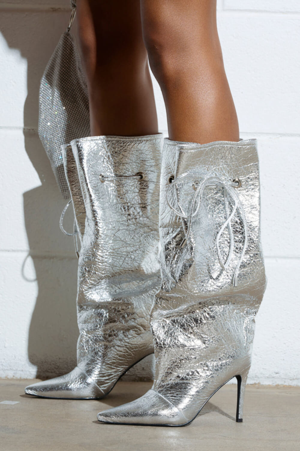 Metallic Silver Faux Leather Pointed Toe Mid-Calf Stiletto Heel Boots With Cinching Mechanism