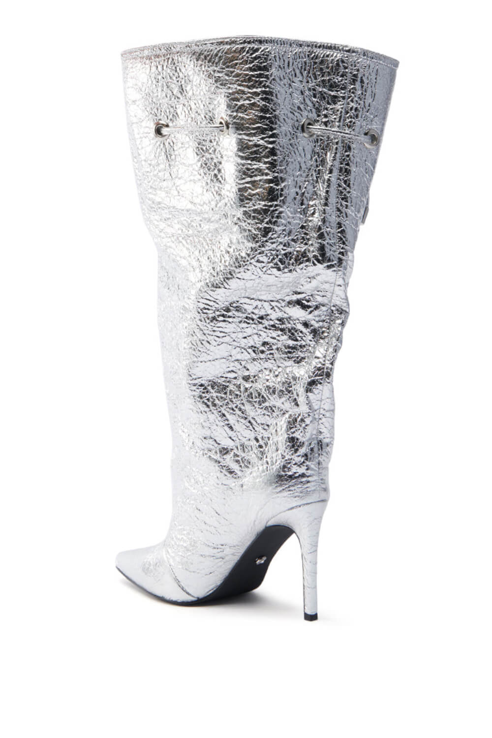 Metallic Silver Faux Leather Pointed Toe Mid-Calf Stiletto Heel Boots With Cinching Mechanism