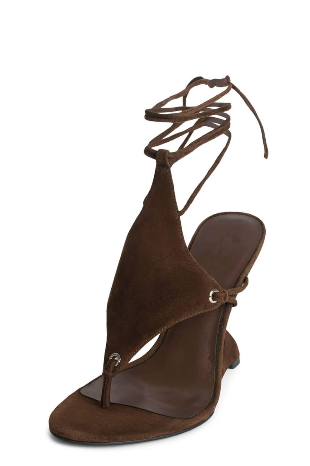 Faux Suede Ankle Wrap Sculpted Wedge Thong Sandal