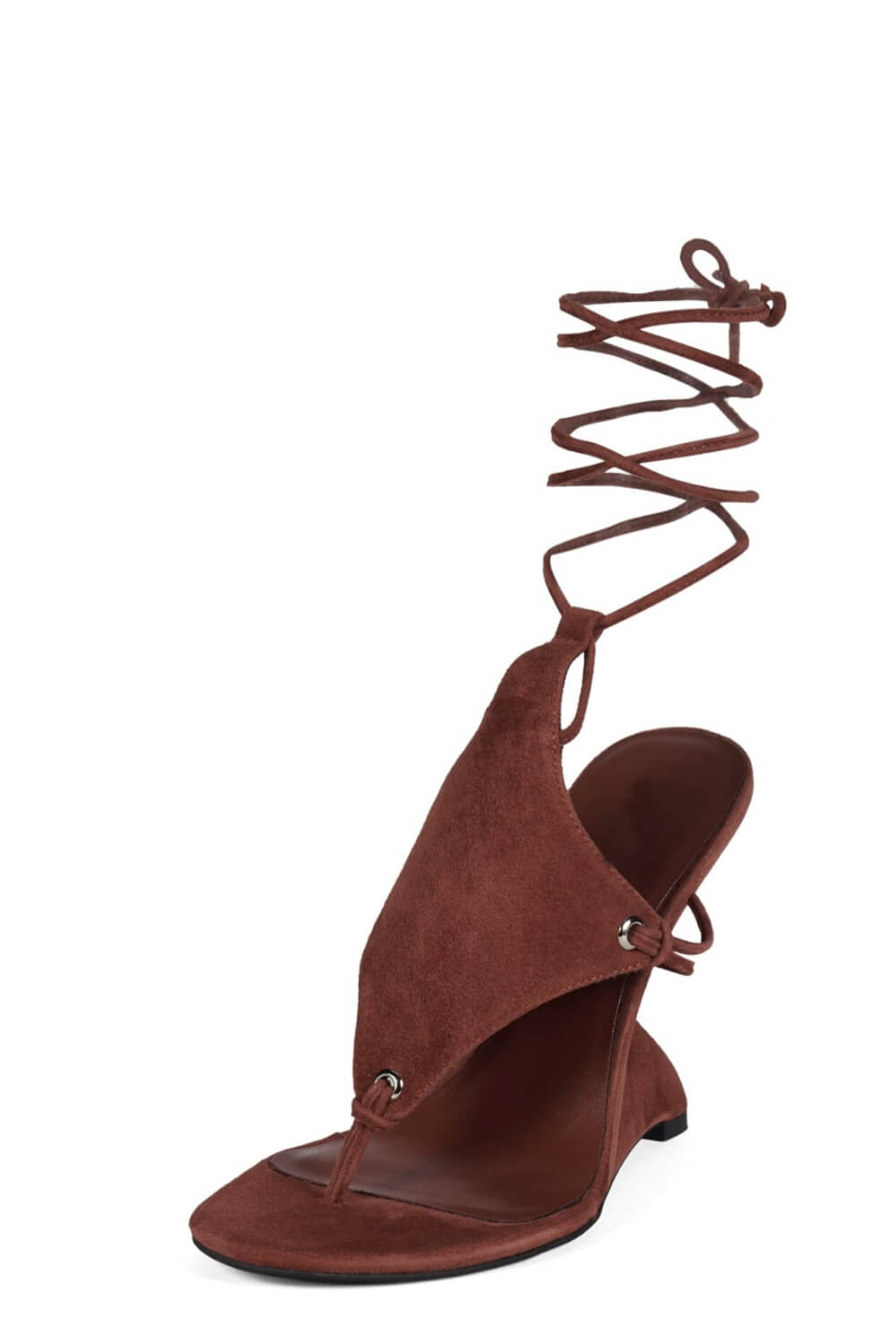 Faux Suede Ankle Wrap Sculpted Wedge Thong Sandal