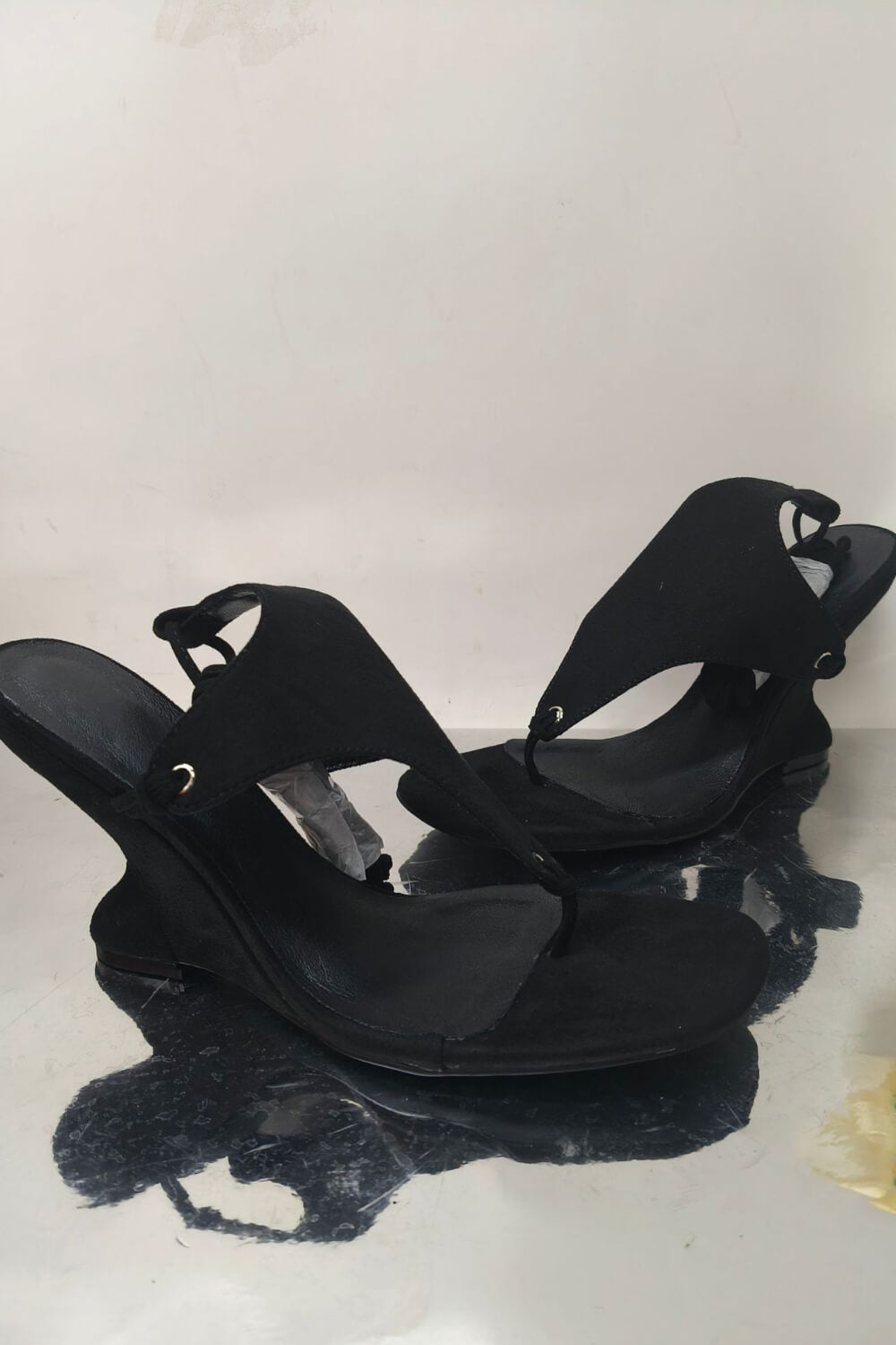 Faux Suede Ankle Wrap Sculpted Wedge Thong Sandal