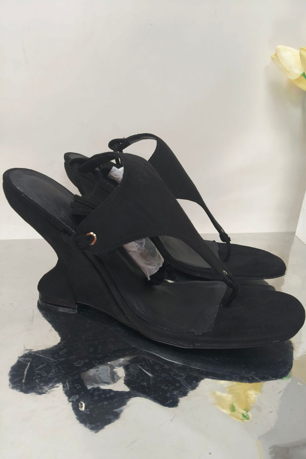 Faux Suede Ankle Wrap Sculpted Wedge Thong Sandal