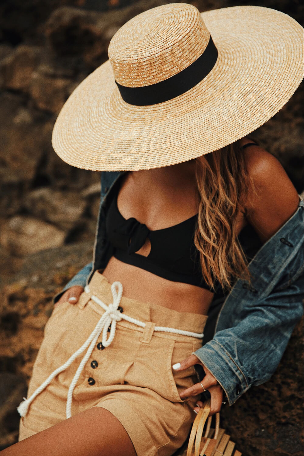 Black Ribbon Trimmed Wheat Straw Boater