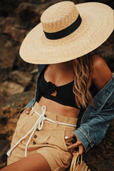 Black Ribbon Trimmed Wheat Straw Boater