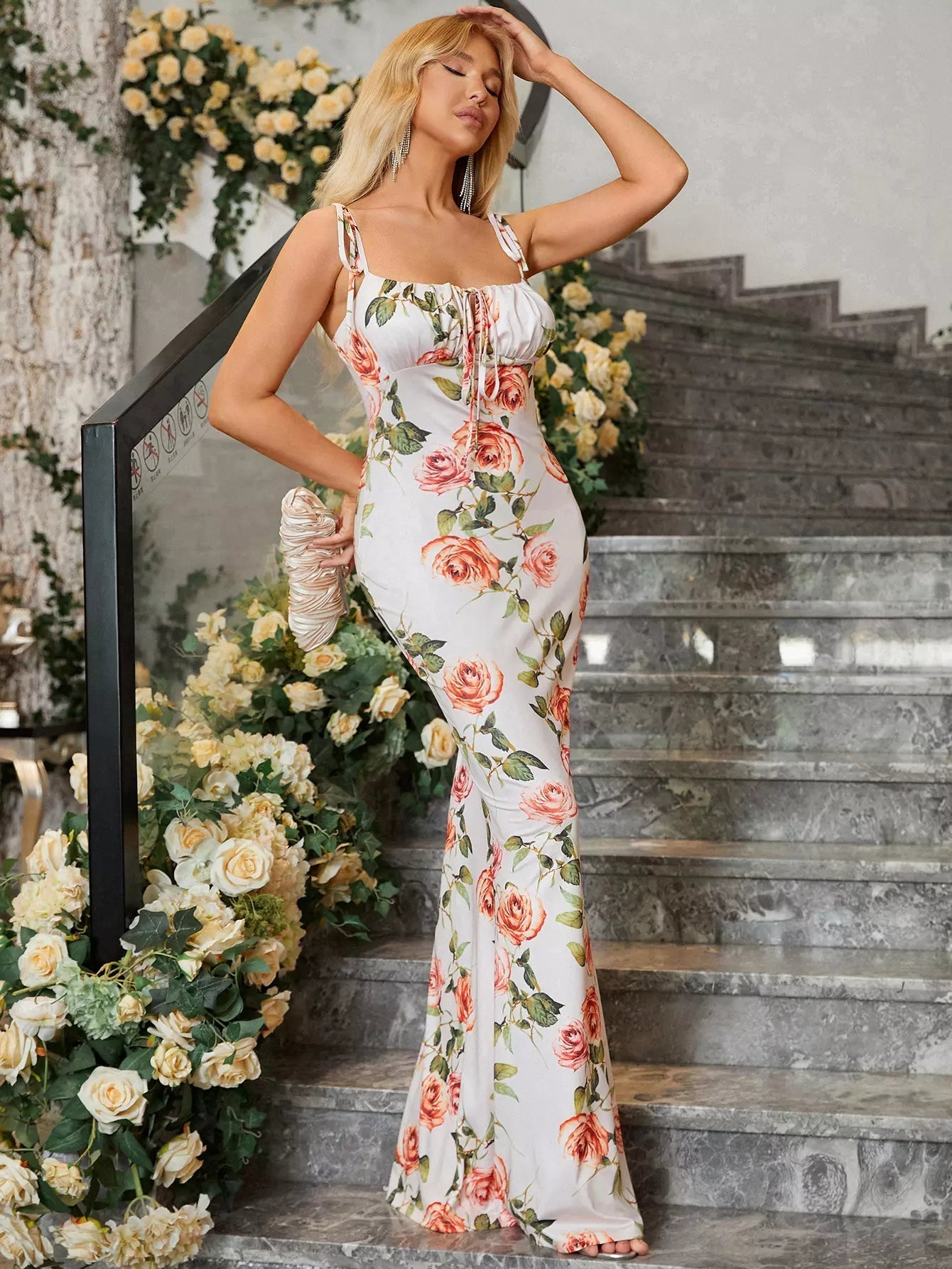 Tie Shoulder Floral Print Mermaid Prom Dress