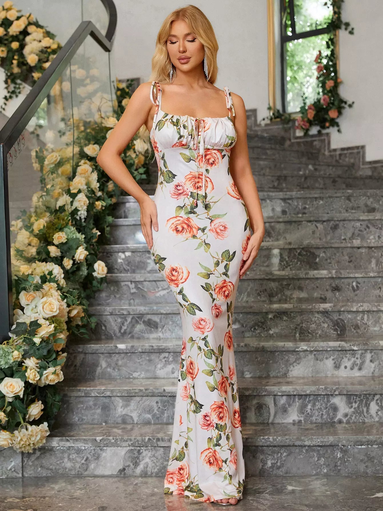 Tie Shoulder Floral Print Mermaid Prom Dress