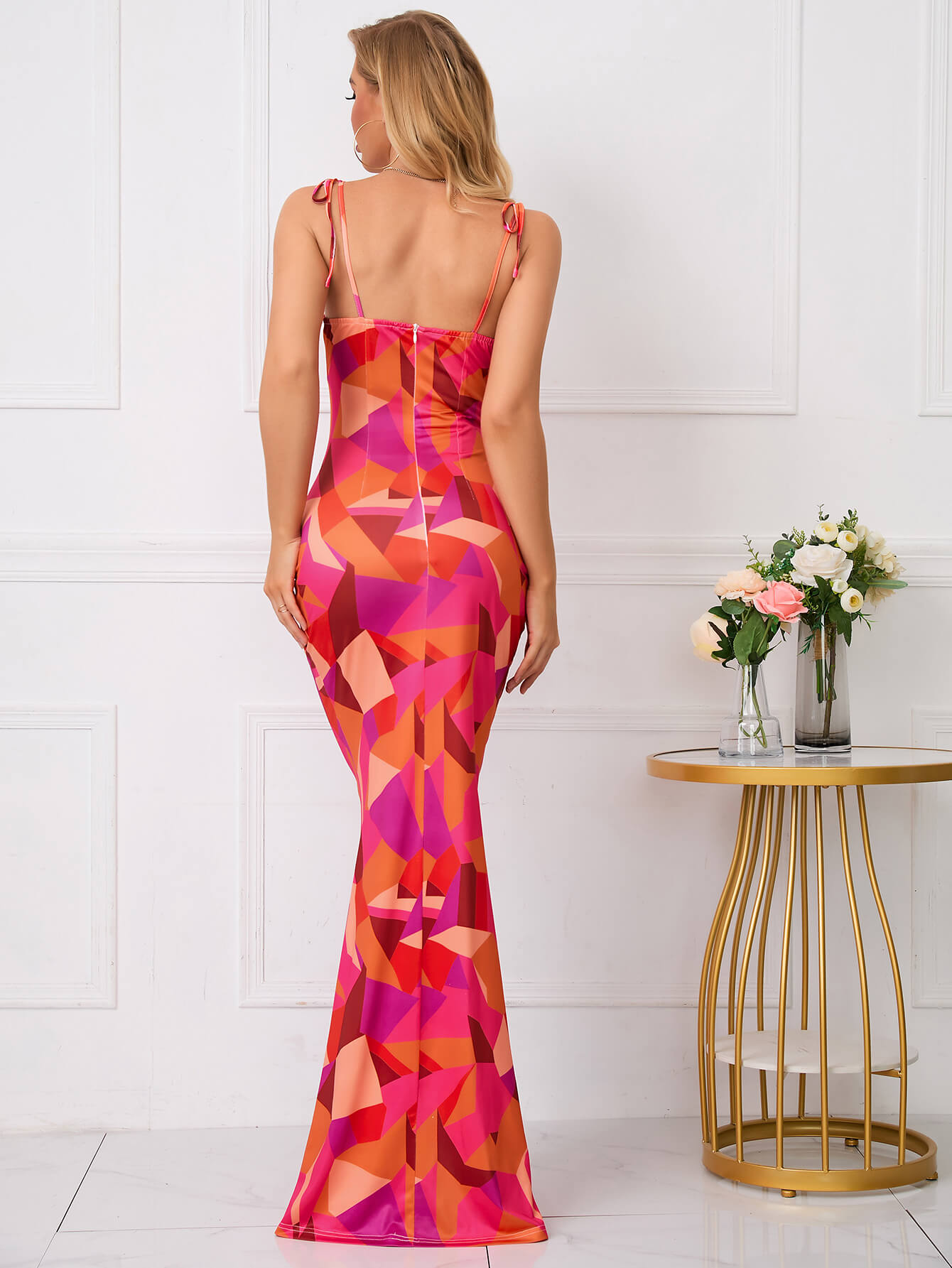 Tie Shoulder Floral Print Mermaid Prom Dress