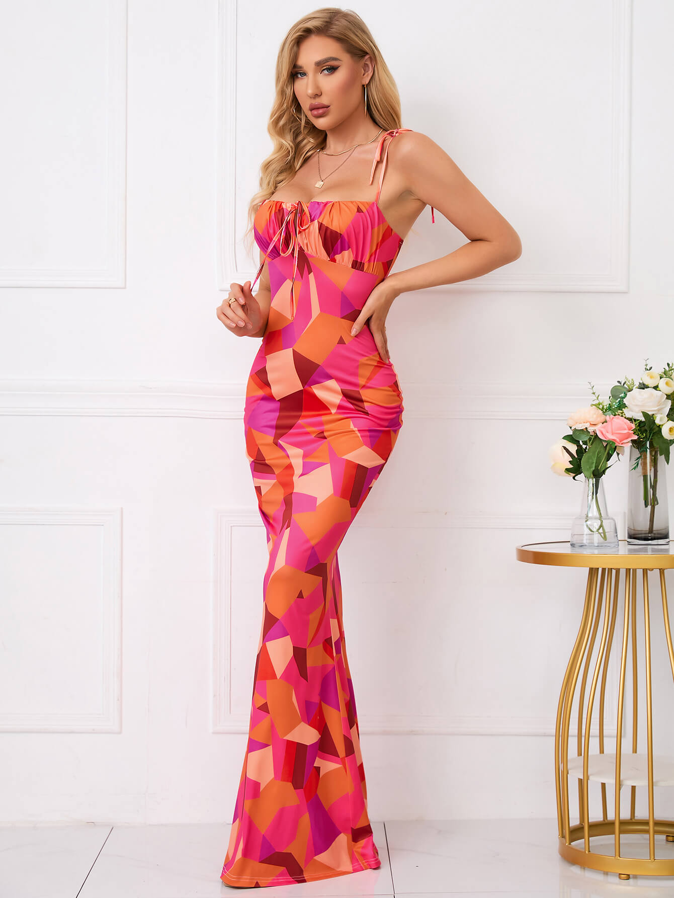 Tie Shoulder Floral Print Mermaid Prom Dress