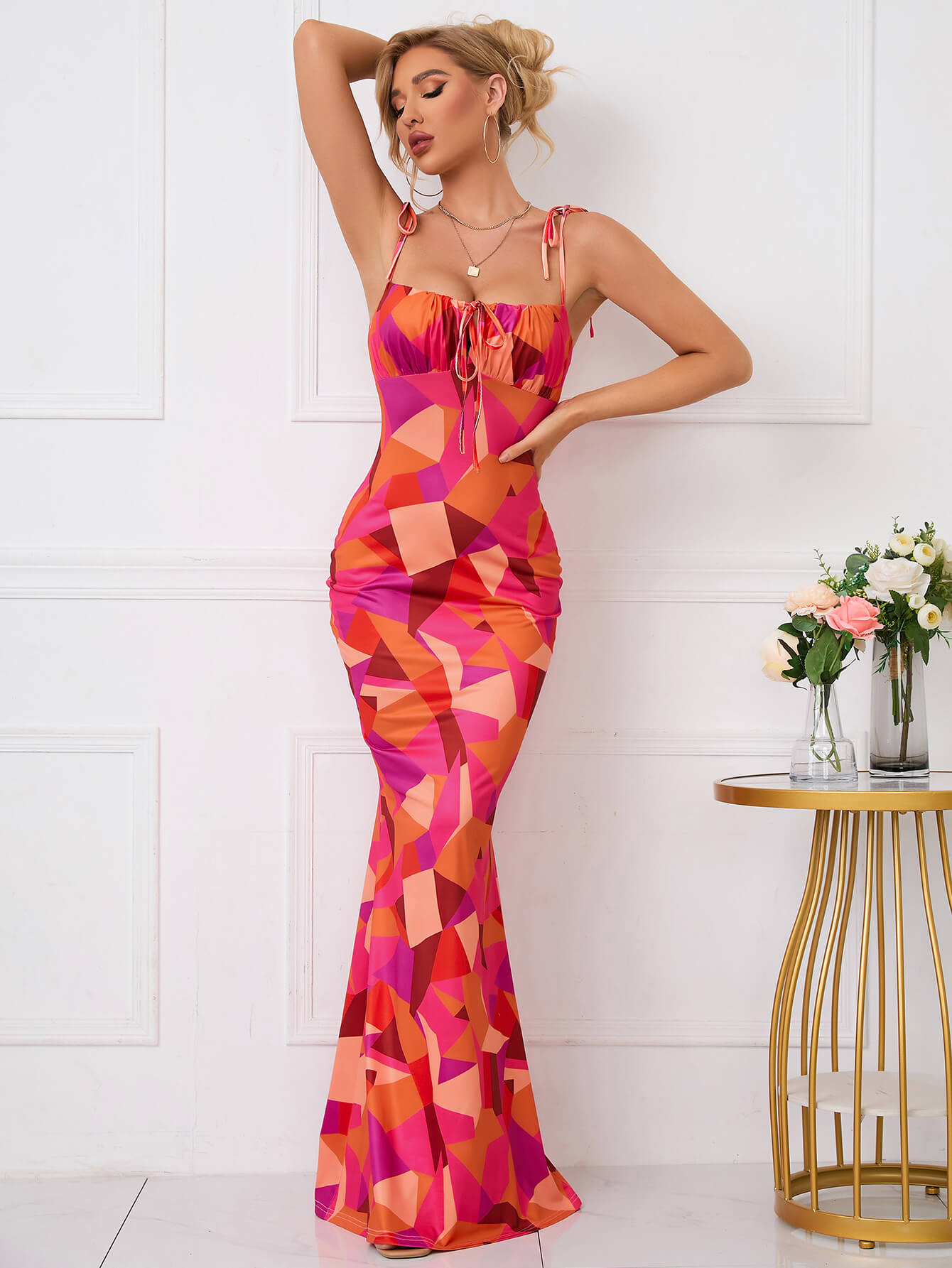 Tie Shoulder Floral Print Mermaid Prom Dress