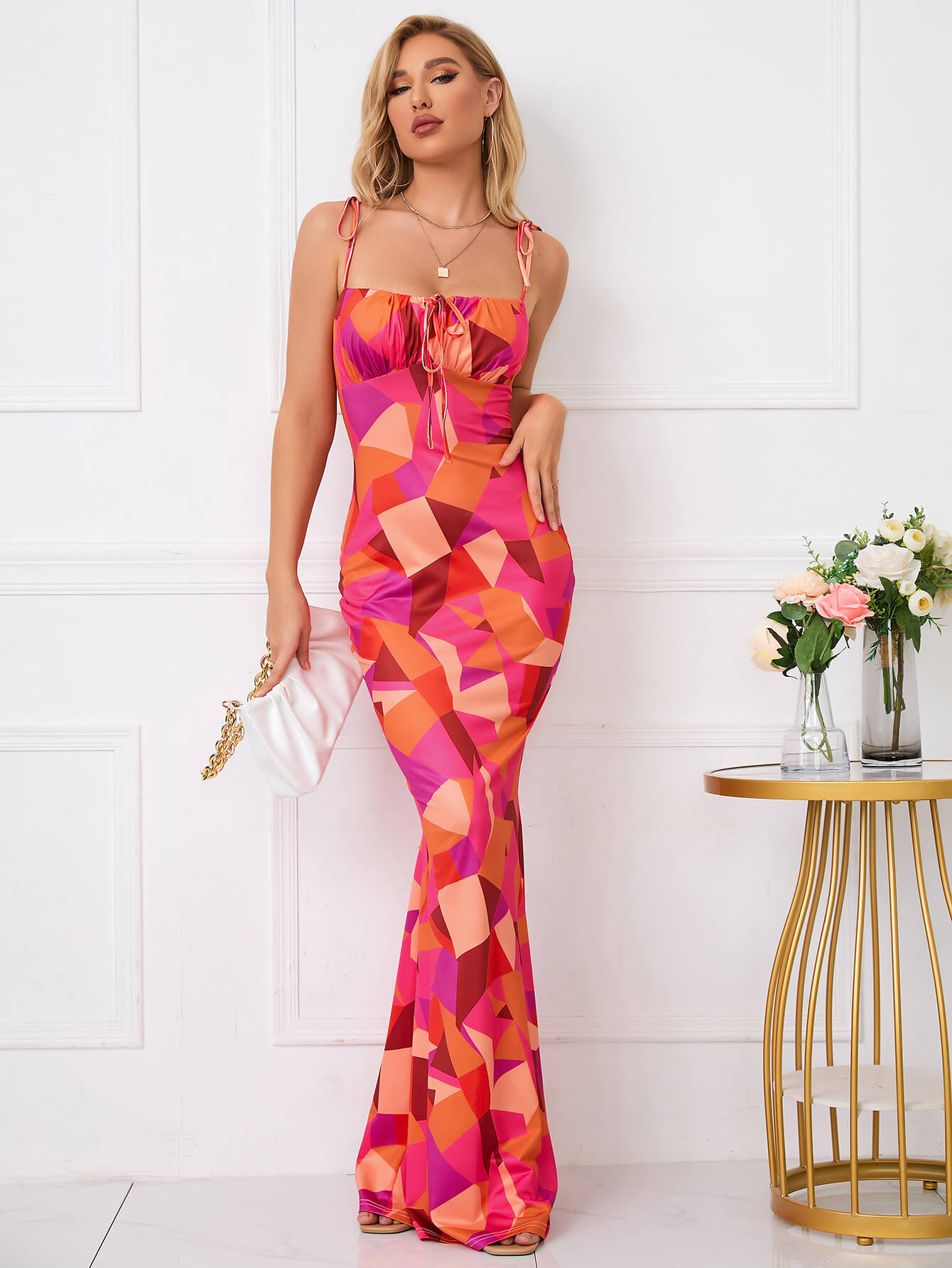 Tie Shoulder Floral Print Mermaid Prom Dress