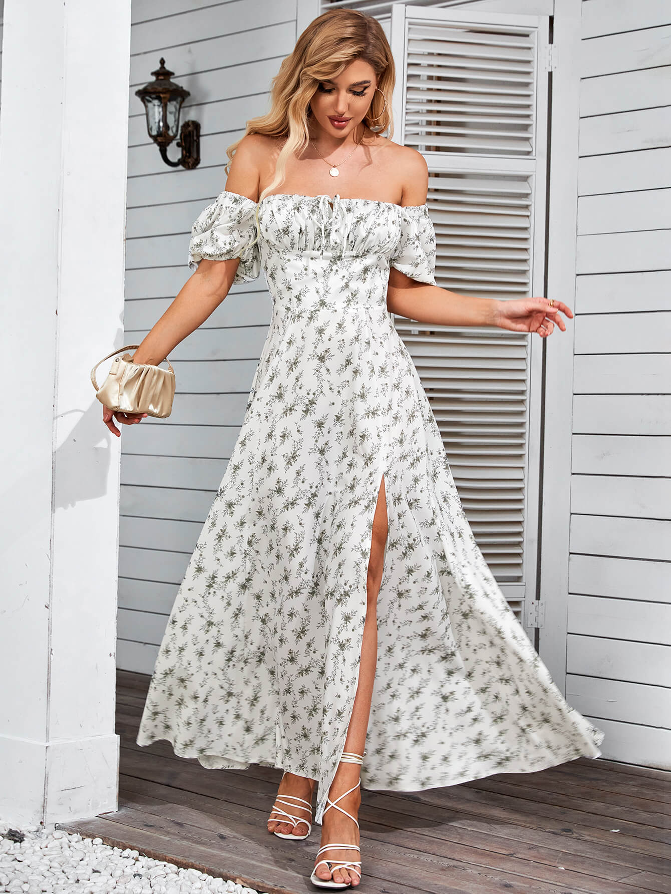 Floral Puff Sleeve Off Shoulder Flowy Slit Midi Dress