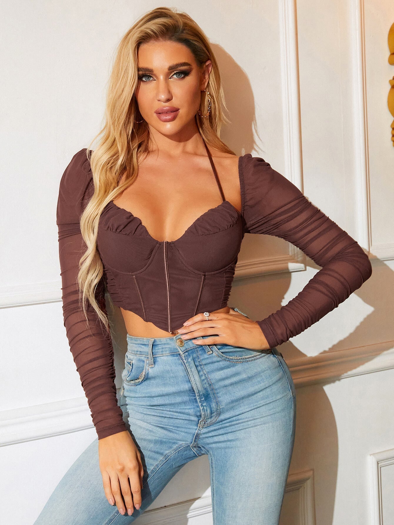 Backless Long Sleeve Mesh Crop Top
