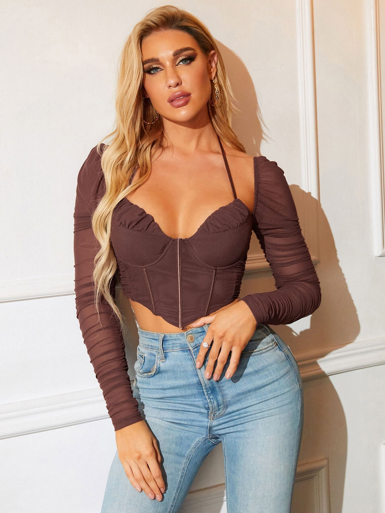 Backless Long Sleeve Mesh Crop Top