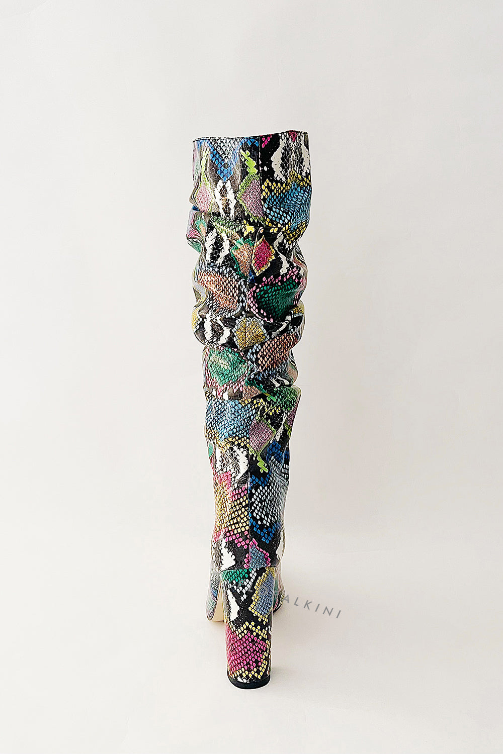 Multi-Colored Python Print Ruched Knee High Boots