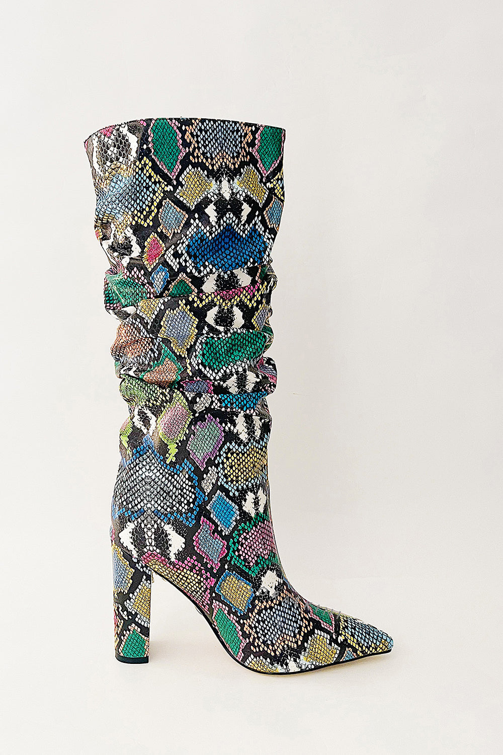 Multi-Colored Python Print Ruched Knee High Boots