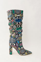 Multi-Colored Python Print Ruched Knee High Boots