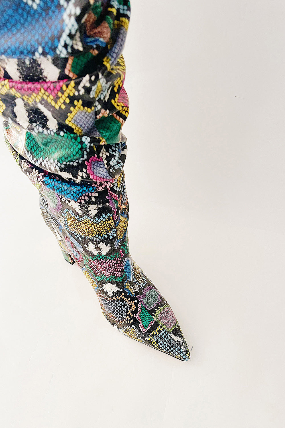 Multi-Colored Python Print Ruched Knee High Boots