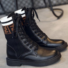 Knit Patchwork Lace-up Combat Boots