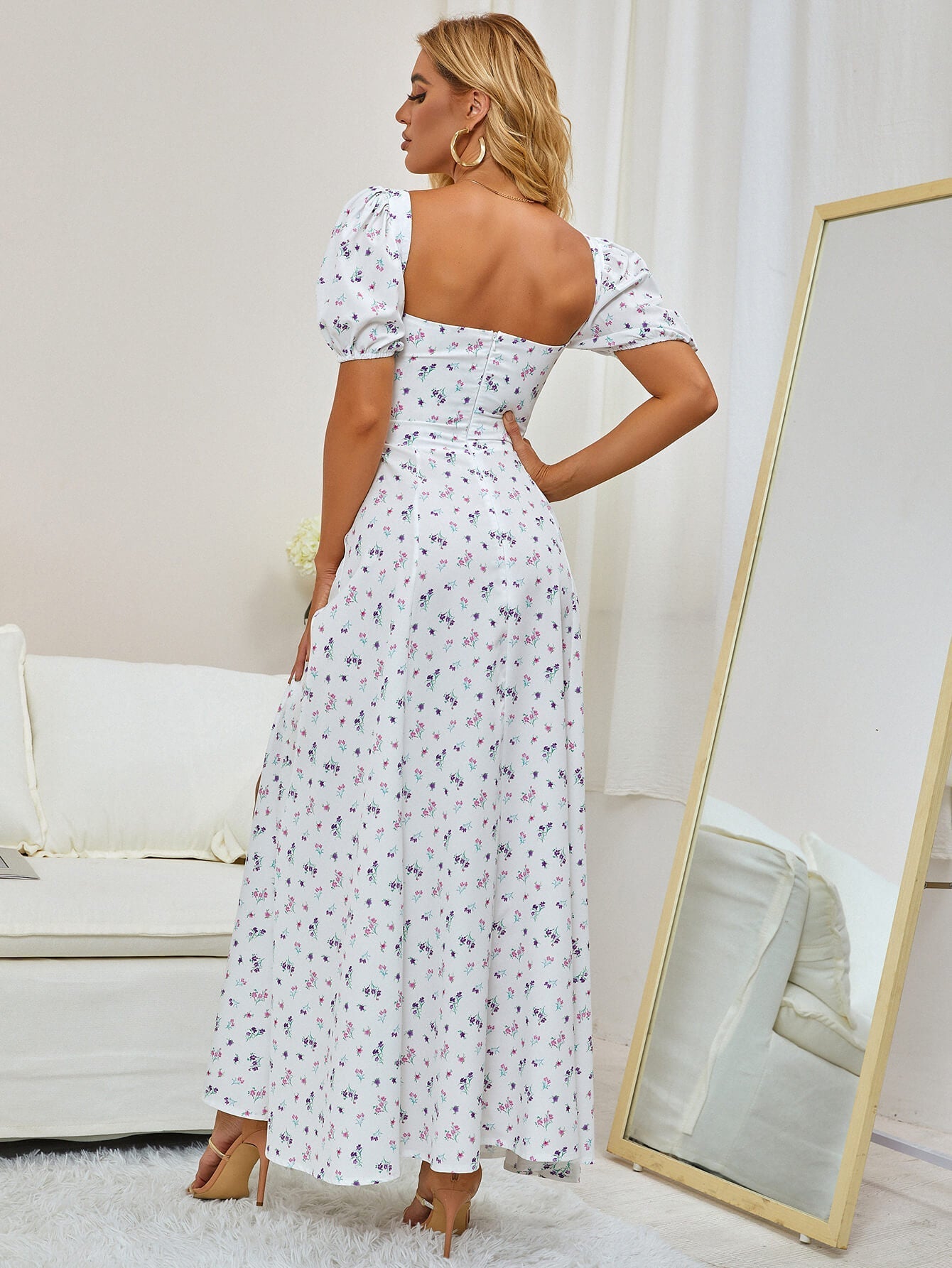Floral Puff Sleeve Off Shoulder Flowy Slit Midi Dress