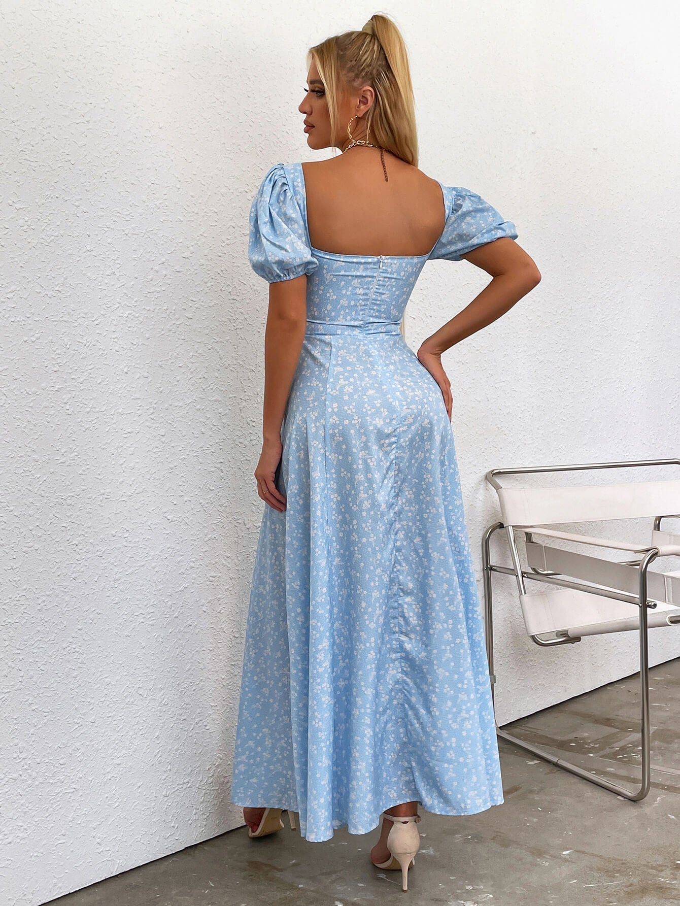 Floral Puff Sleeve Off Shoulder Flowy Slit Midi Dress