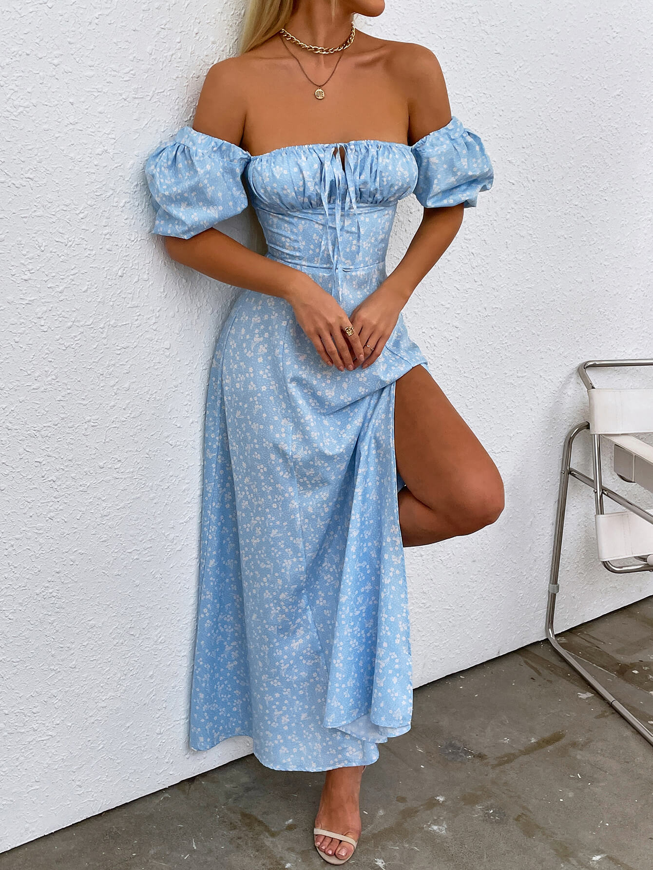 Floral Puff Sleeve Off Shoulder Flowy Slit Midi Dress