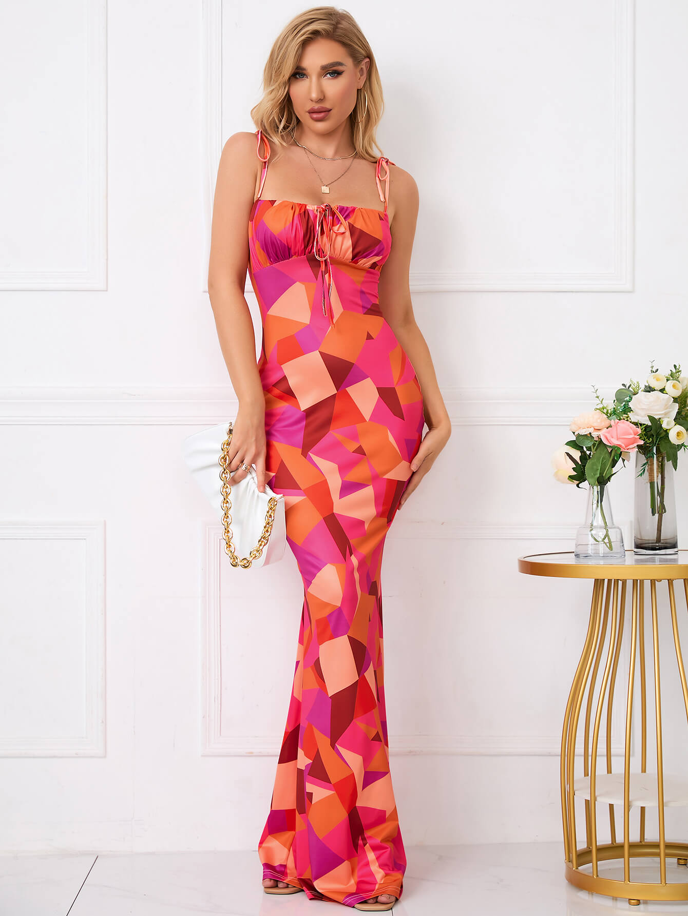 Tie Shoulder Floral Print Mermaid Prom Dress