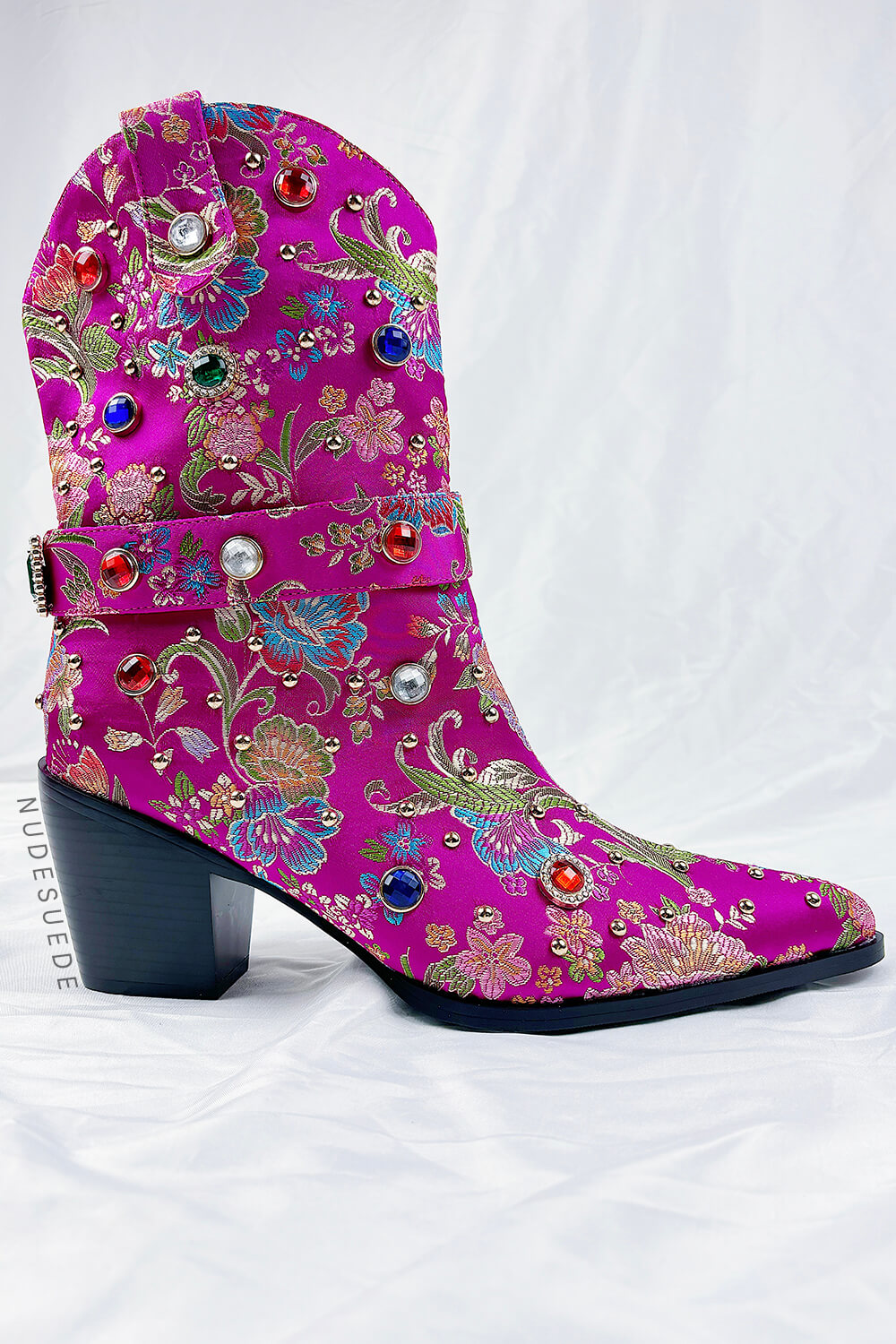 Floral Satin Gemstone-Embellished Pointed Toe Western Ankle Bootie - Pink