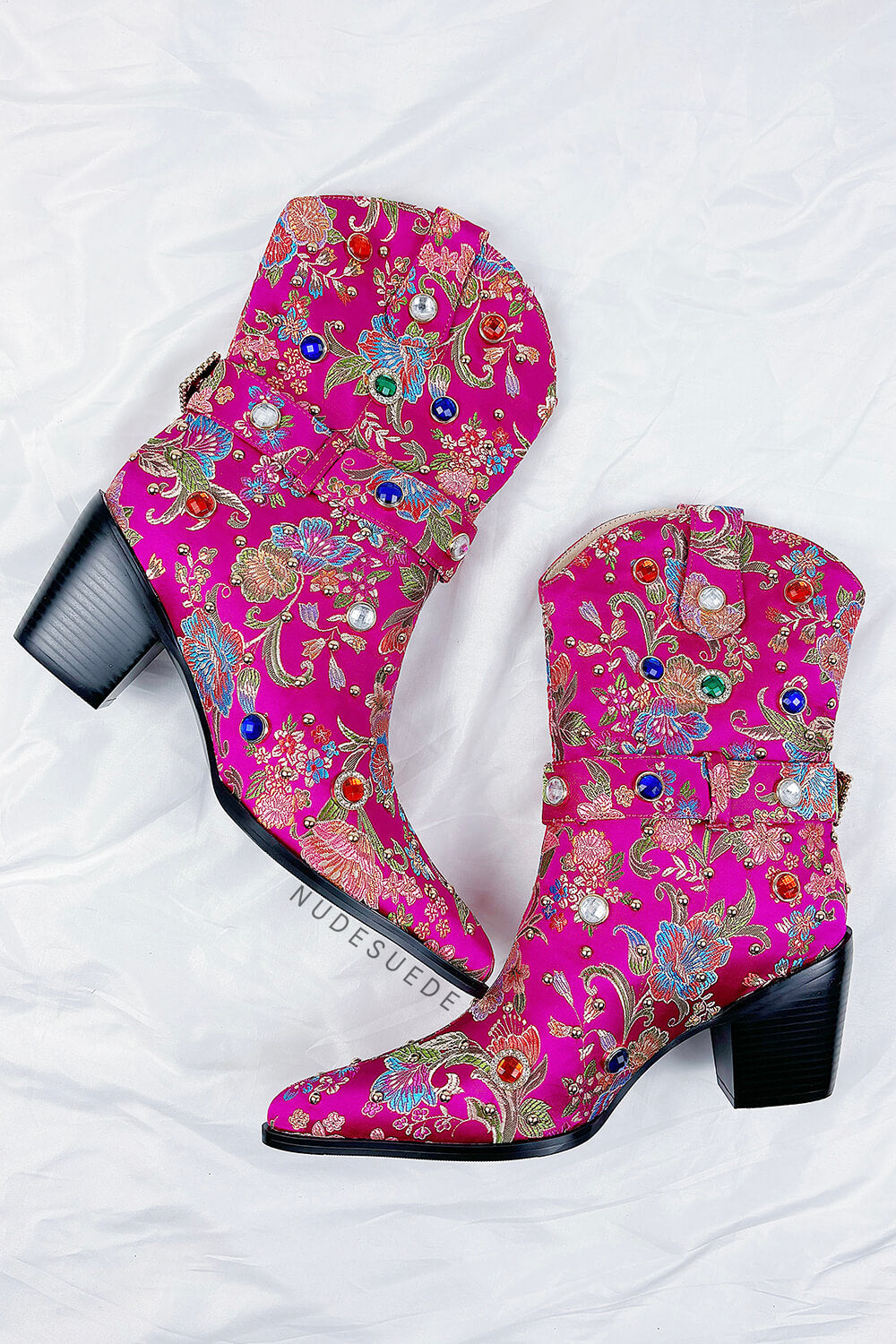 Floral Satin Gemstone-Embellished Pointed Toe Western Ankle Bootie - Pink
