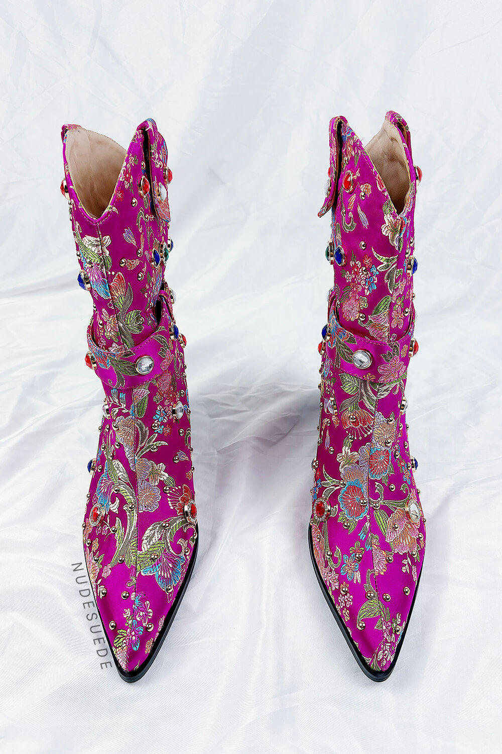 Floral Satin Gemstone-Embellished Pointed Toe Western Ankle Bootie - Pink