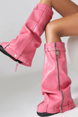 Wrapped Padlock Zip Detail Folded Knee High Wedge Chunky Biker Boots - Pink