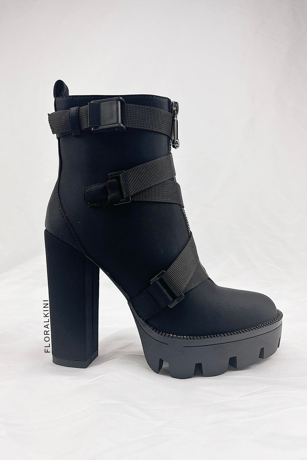 Black Zip Chunky Buckle Platform Ankle Boots