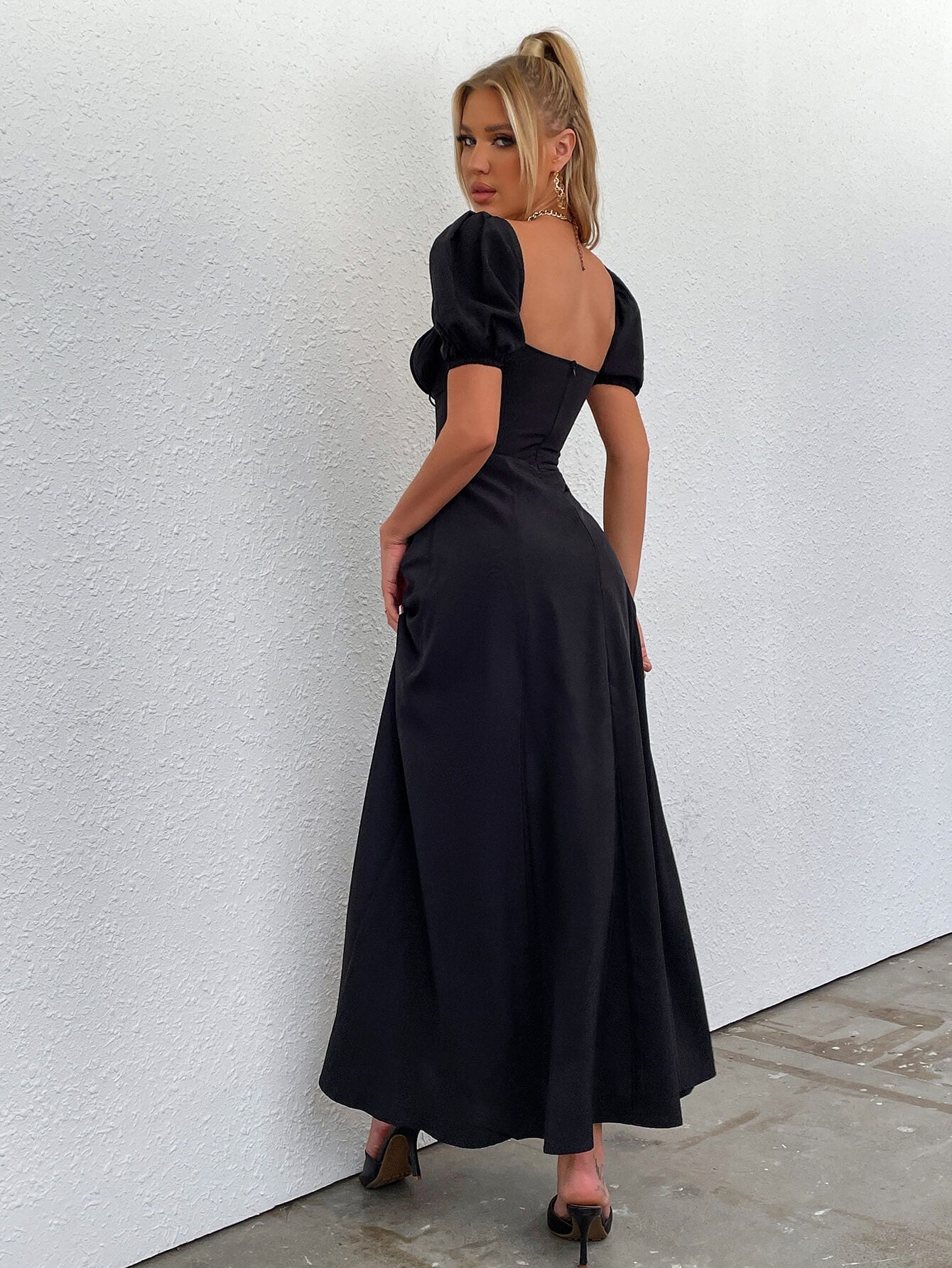 Puff Sleeve Off Shoulder Flowy Slit Midi Dress