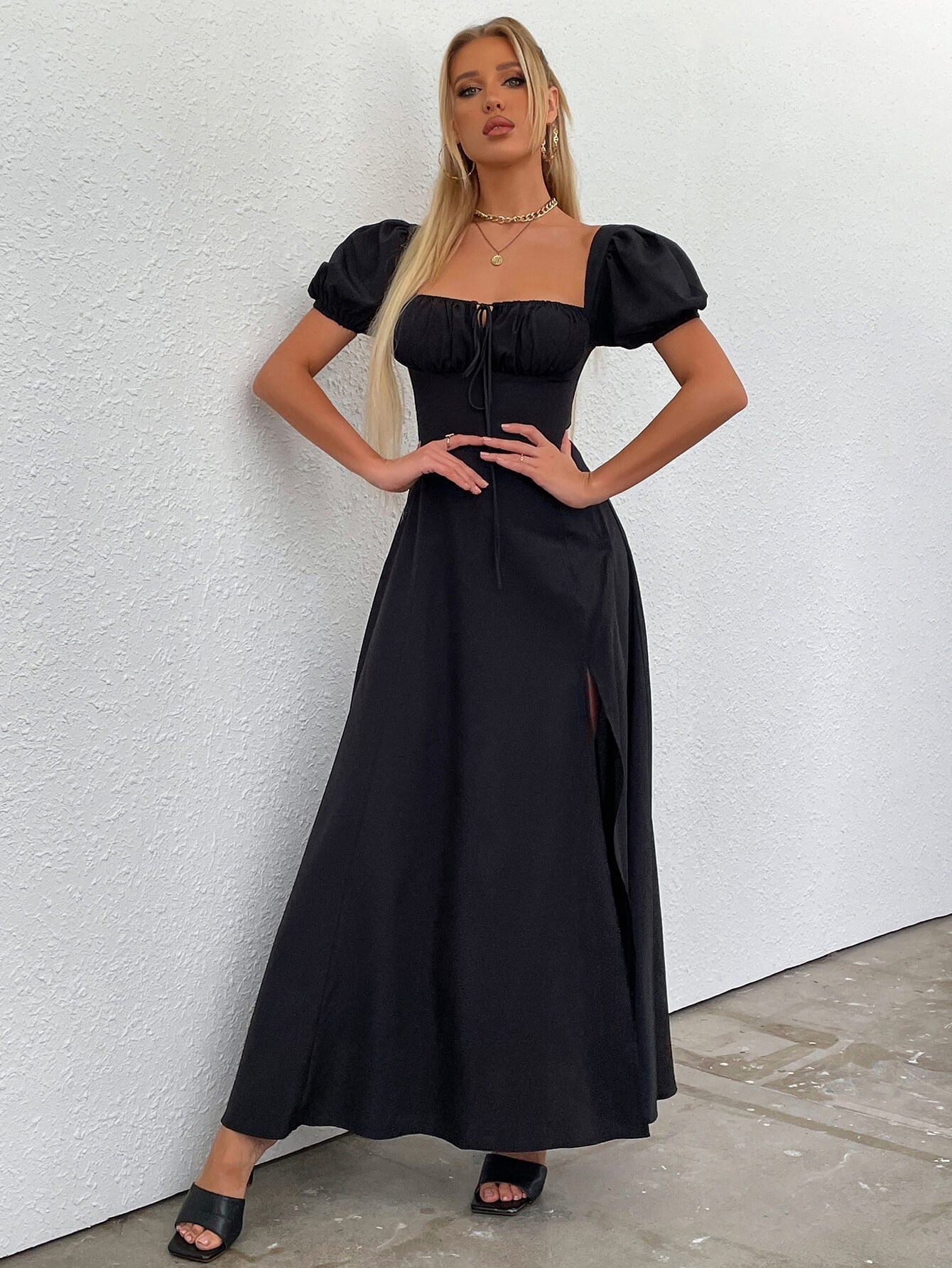 Puff Sleeve Off Shoulder Flowy Slit Midi Dress