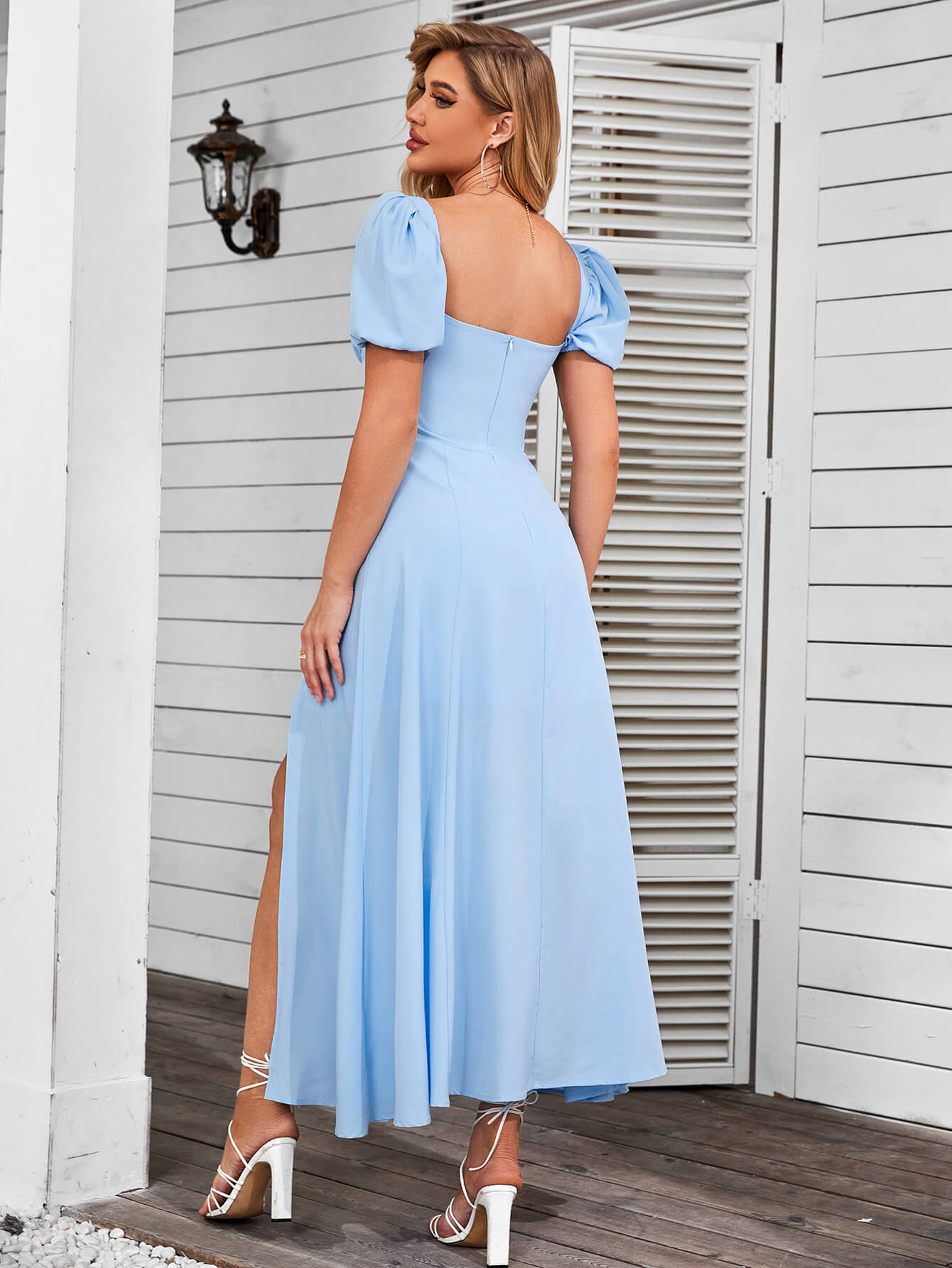 Puff Sleeve Off Shoulder Flowy Slit Midi Dress