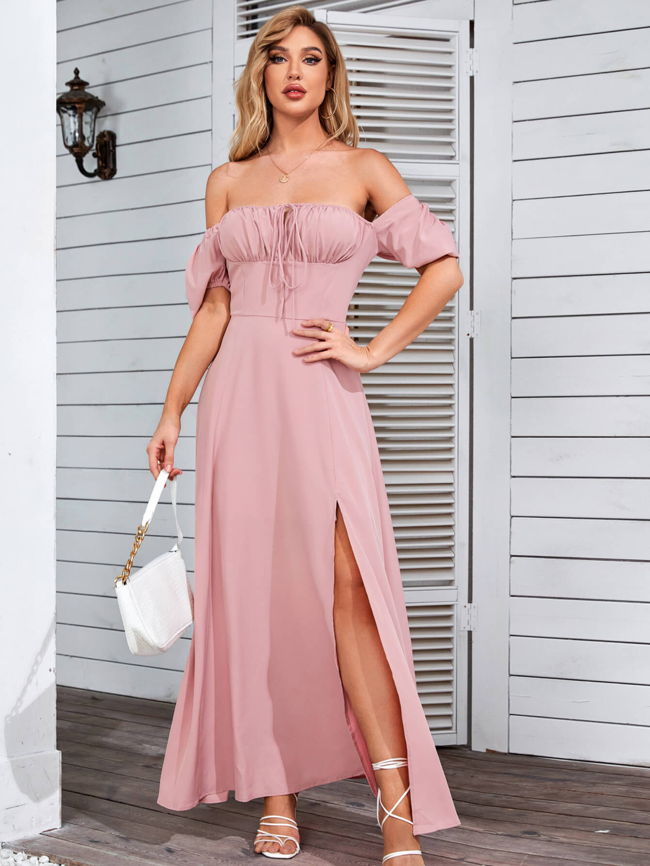 Puff Sleeve Off Shoulder Flowy Slit Midi Dress