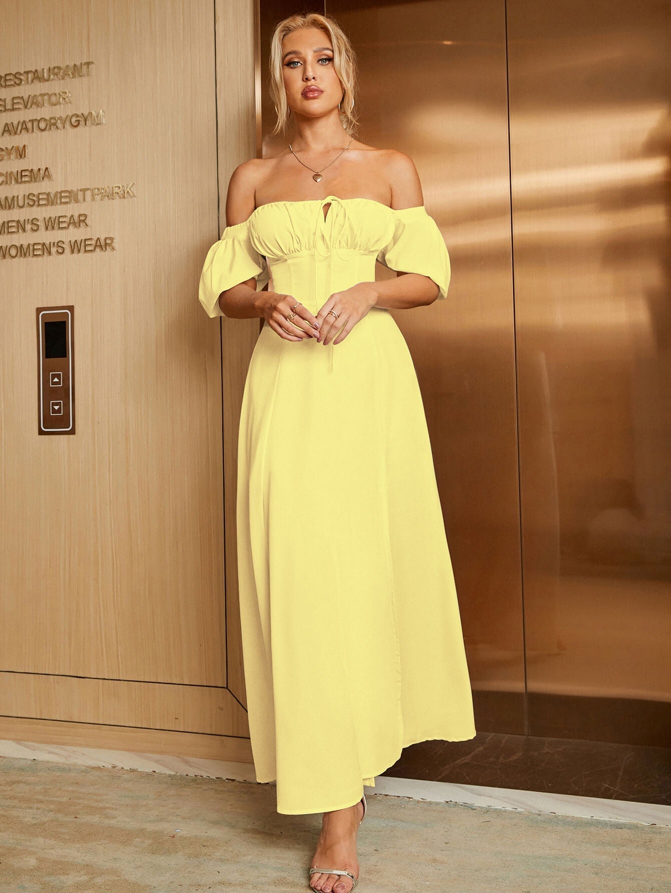 Puff Sleeve Off Shoulder Flowy Slit Midi Dress