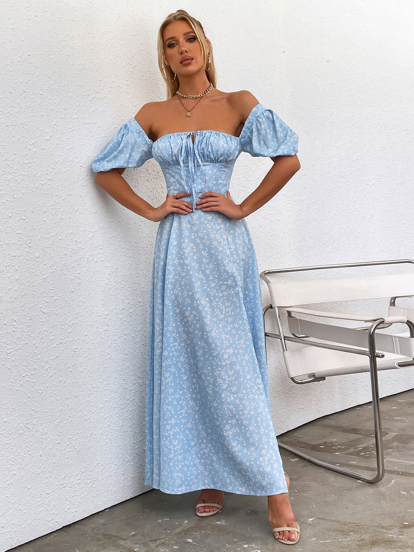 Floral Puff Sleeve Off Shoulder Flowy Slit Midi Dress