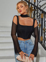 Bell Sleeve Cut Out Mesh Corset Top