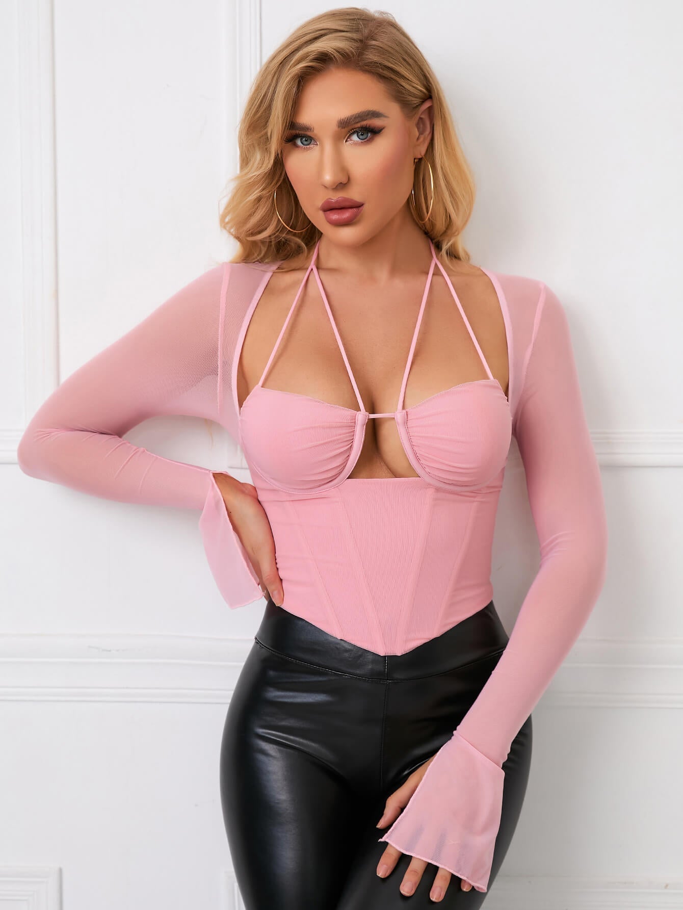 Split Cuff Ruched Cut Out Mesh Top