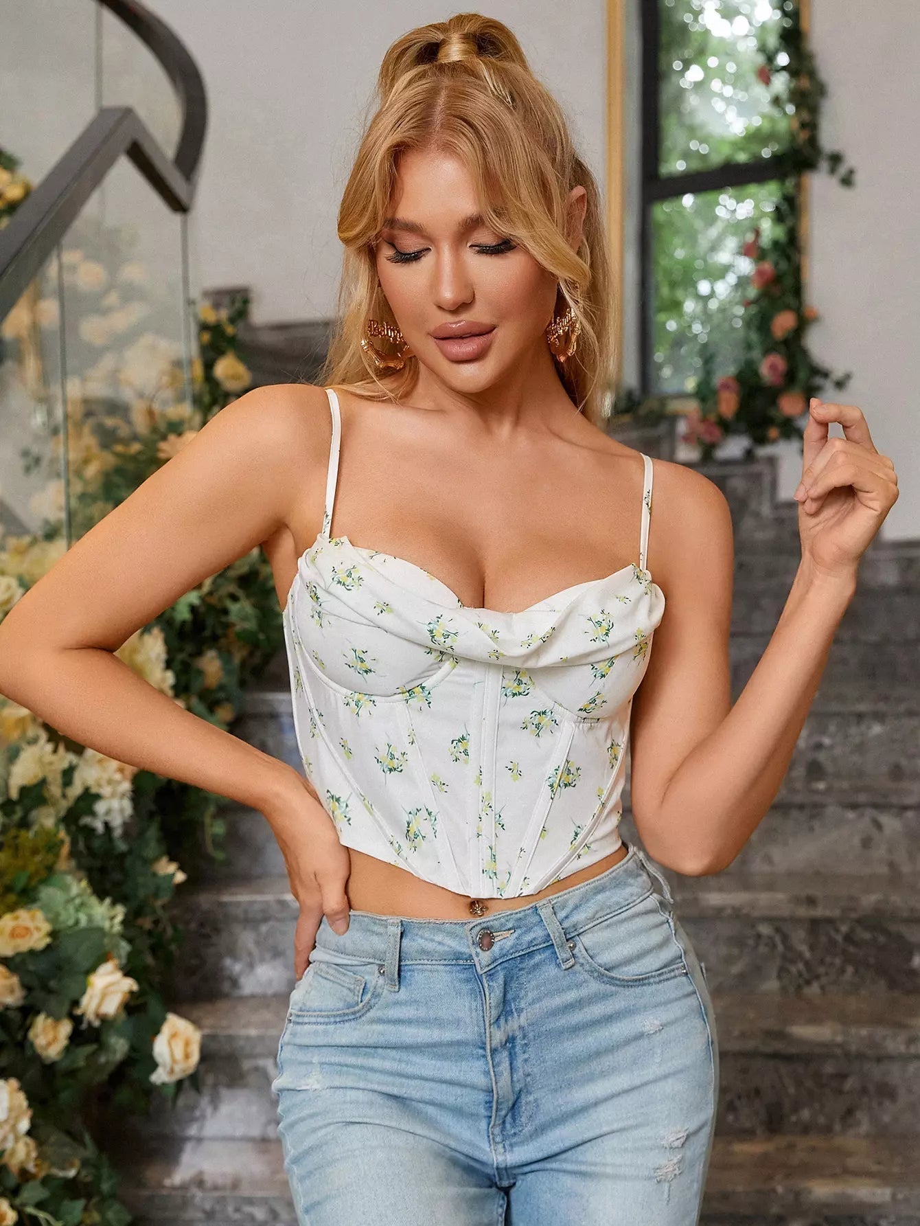 Floral Print Sleeveless Corset Top